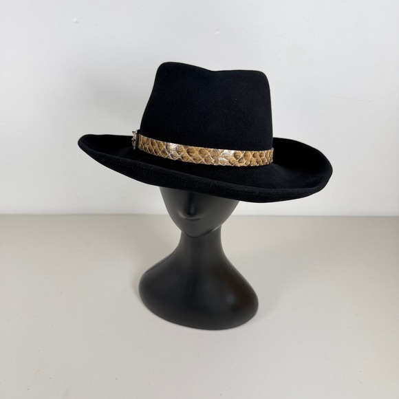 Eric Javits Black Felt Fedora Hat Genuine Python Band Buckle - Picture 2 of 9